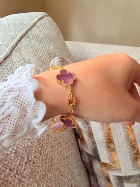 Gold Clover Bracelet with Pink Stone Accents